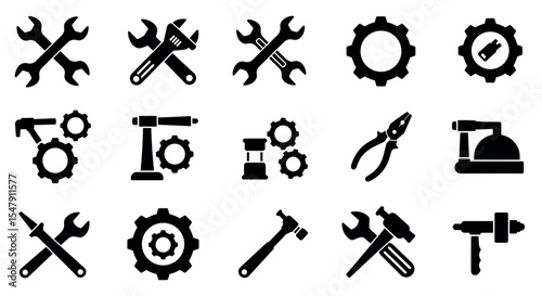 Industrial tools icon set: gears, wrenches, hammers, pliers in black silhouettes vector illustration