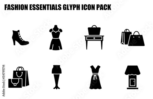 Fashion essentials glyph icon pack. various garments, accessories, and retail elements in a graphic design format.