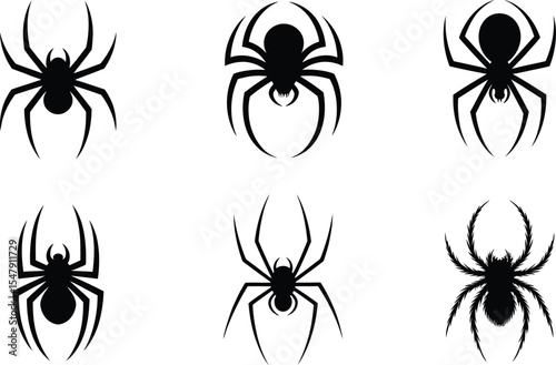 Set of spider silhouette vector illustrations featuring various shapes and styles of spider designs