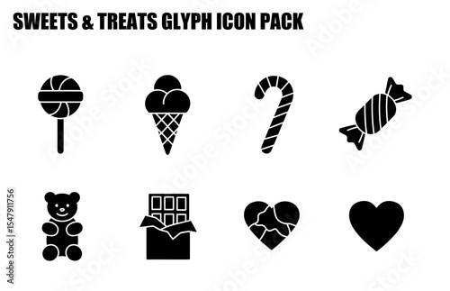 Black and white silhouette icons of various sweet treats. Collection of sweets and treats glyph icons on a white background.