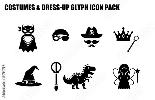 Costume icons for various characters in a simple, black and white, flat design. Illustrations of superhero, pirate, fairy, witch, and dinosaur costumes displayed in a child-friendly setting.