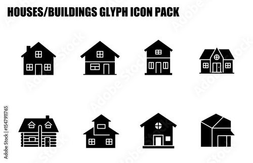 Black and white house glyph icons of various styles. Simple, stylized representations of different home designs in a graphic design asset collection.