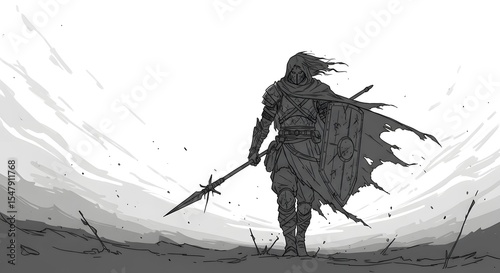 Monochromatic pixel art silhouette of a figure holding a spear standing on a hill with a cloudy sky background.