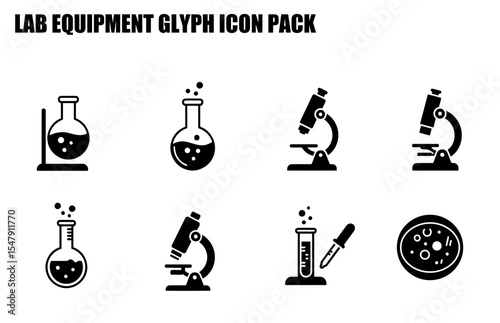 Lab equipment glyph icons with various lab apparatus. Collection of scientific tools in a laboratory setting.
