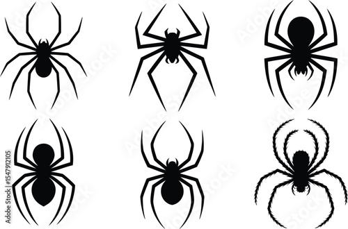 Set of spider silhouette vector icons in different positions and styles isolated on transparent background
