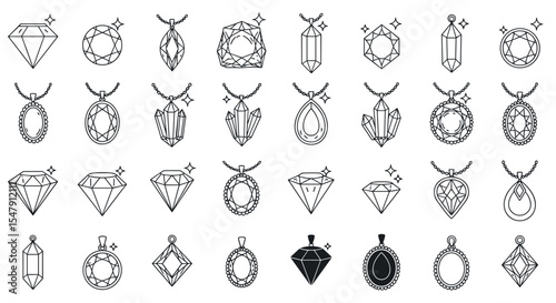 Elegant gemstone pendants and jewelry collection in black and white line art design vector illustration
