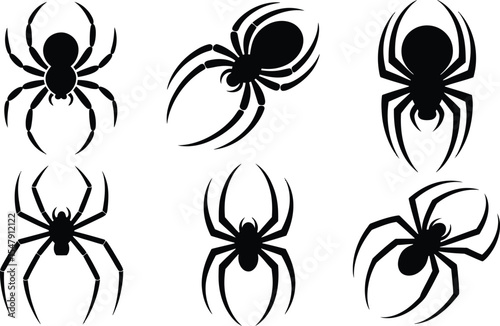 Set of spider silhouette vector icons in different positions and styles isolated on transparent background