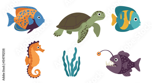 Colorful sea creatures collection: fish, turtle, seahorse, anglerfish with seaweed vector illustration