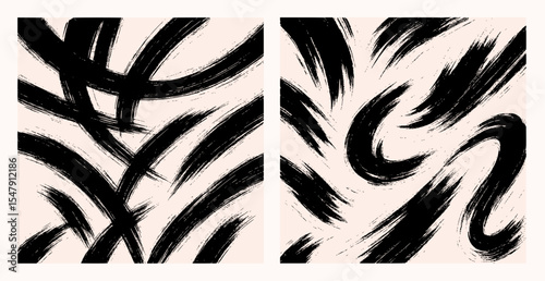 Abstract black brushstroke vector set featuring two expressive compositions with dynamic ink textures on a neutral background
