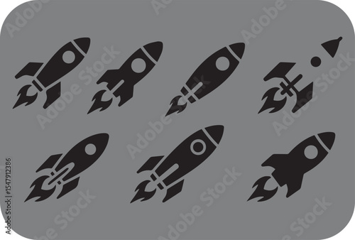 Collection of seven black rocket icons on gray background for startup business