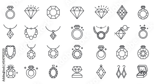 Collection of geometric jewelry icons featuring rings, necklaces, and earrings vector illustration