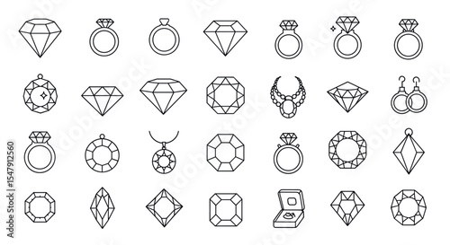 Elegant outline jewelry icons featuring diamonds, rings, earrings, and necklaces vector illustration
