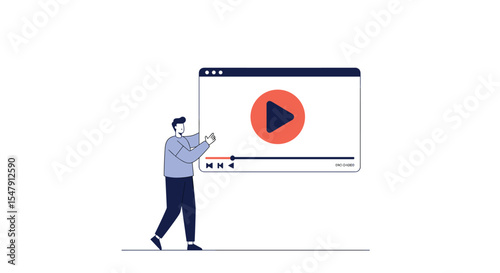 Illustration of male character interacting with online video interface for multimedia presentation vector illustration