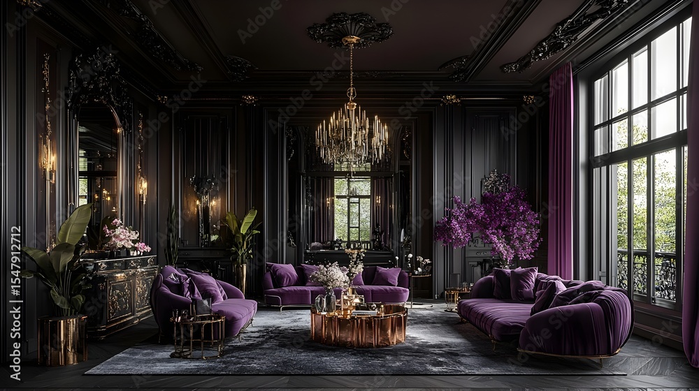 Obraz premium Luxury, Living room, Interior design, Luxurious Dark Living Room Interior Design with Purple Velvet Sofas
