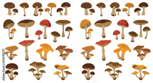Various types of mushrooms in different colors and shapes vector illustration
