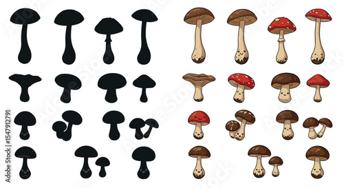 Colorful cartoon mushrooms with matching black silhouettes for kids' activities vector illustration