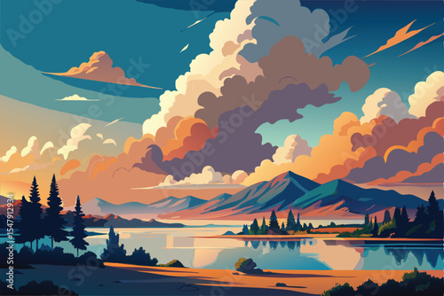 Majestic Mountain Lake Sunset A Vibrant Digital Painting of Serene Nature