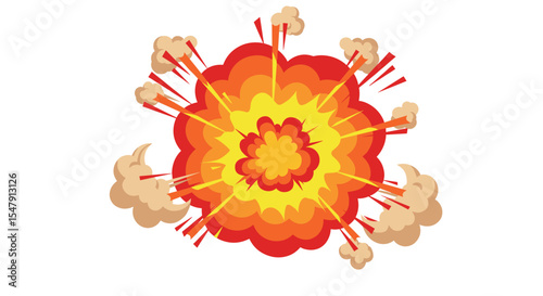 Vibrant cartoon explosion with dynamic flames and smoke on white background vector illustration
