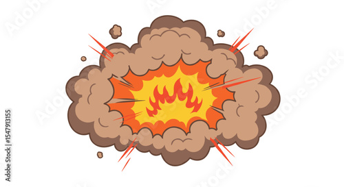 Dynamic cartoon explosion with fire and smoke on white background vector illustration
