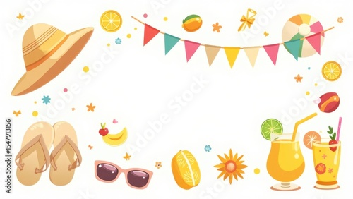 Summer vacation flat lay: beach hat, flip-flops, sunglasses, tropical cocktails, and party decorations