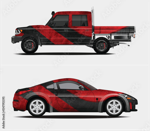 Red and Black Car Wrap Designs for Pickup Truck and Sports Car