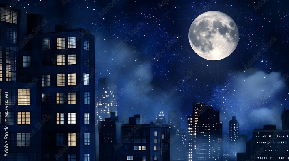 Fototapeta premium Night, City, Cityscape, Night Cityscape under Full Moon