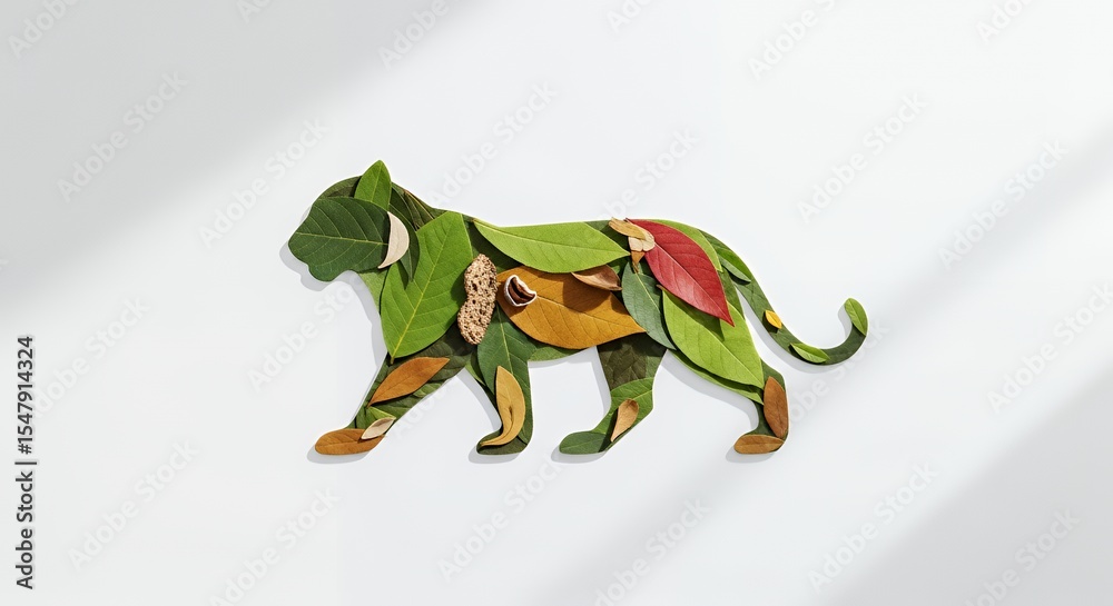 Fototapeta premium Botanical Tiger Shape Made of Green and Red Leaves on White