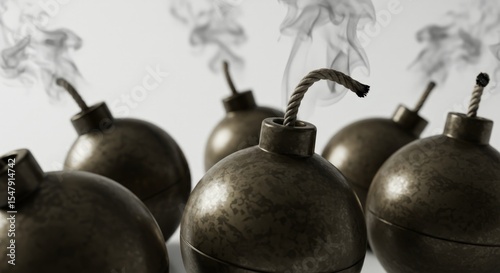 several old round bombs with a smoldering fuse