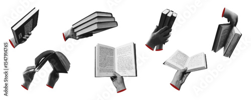 Collage cut outs set, hands holding an open book with retro halftone effect. Vector illustration for media design  isolated on transparent background.