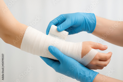 A person is wearing blue gloves and holding a bandage on a person's arm. Concept of care and concern for the injured person