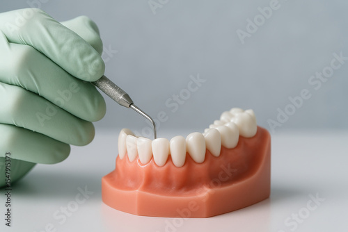 A dentist is holding a dental tool and examining a model of a person's teeth. Concept of professionalism and attention to detail, as the dentist is carefully inspecting the teeth model