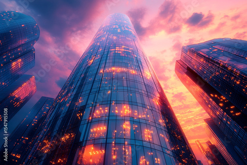 Futuristic glass skyscraper rising sharply against an urban sunset skyline