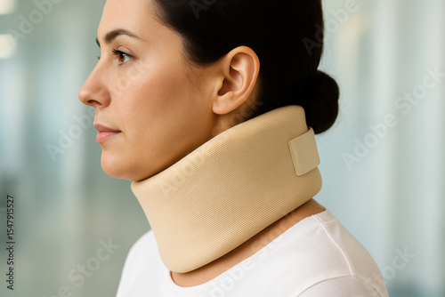 A woman wearing a neck brace. The neck brace is white and tan