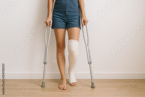 A woman with a broken leg is holding crutches and a cast. Scene is one of pain and discomfort, as the woman is likely struggling to move around with her injury