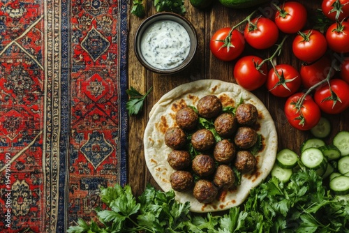Sumptuous Feast: A vibrant culinary composition showcasing meatballs atop a flatbread, artfully arranged alongside an array of fresh, wholesome ingredients on a textured, warm wooden surface.