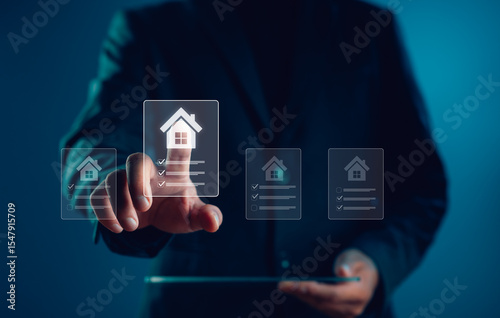 Digital real estate interface concept with hand selecting smart property, ideal for illustrating online home search, real estate platforms and modern housing solutions.