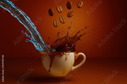 A cup of coffee with a splash of water and coffee beans. Concept of warmth and comfort, as the coffee is a popular beverage for relaxation and socializing