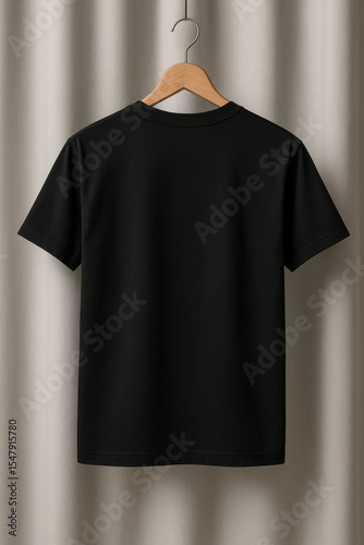 A black shirt hanging on a hanger. The shirt is black and has a white collar