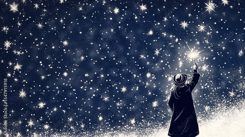 Naklejka premium Wizard lighting stars in a night blue sky. Festive background for winter holidays, Christmas, greeting cards, and magical themes