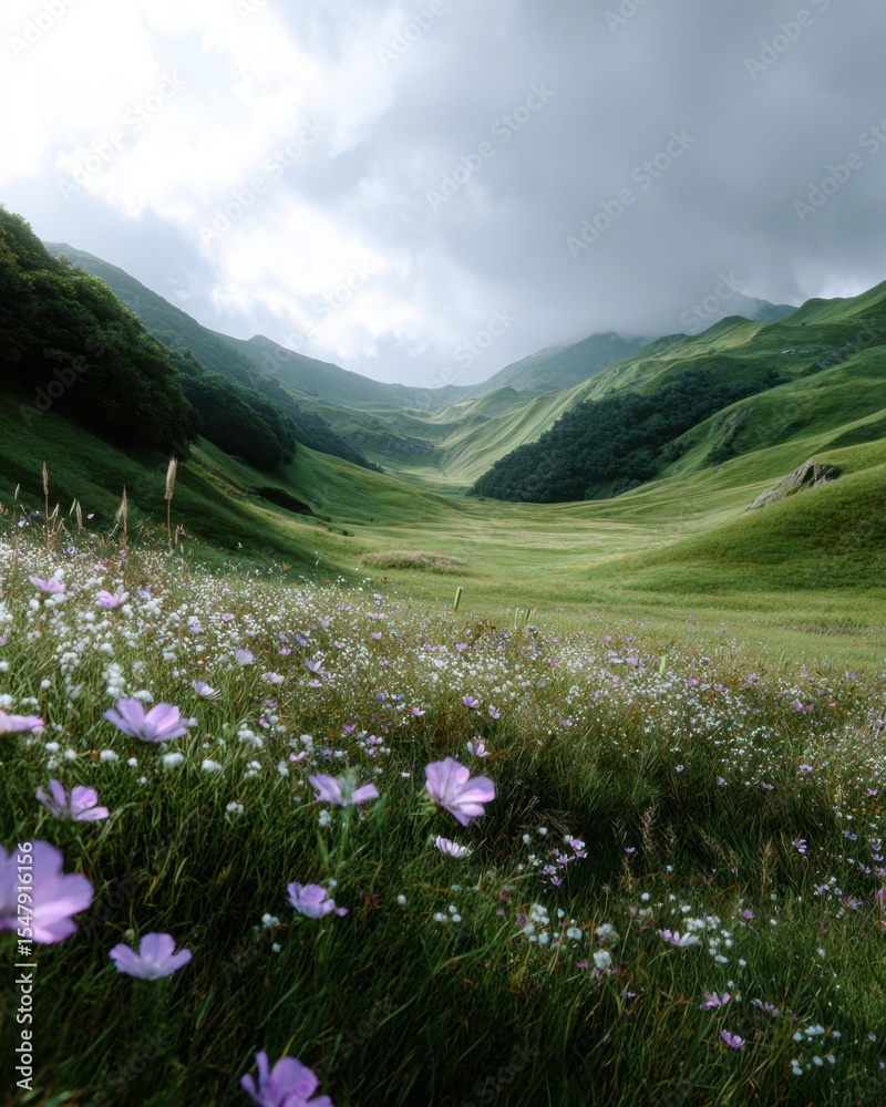 Obraz premium Peaceful green meadow under cloudy sky, wildflowers and calm light