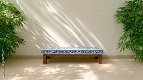 Elegant Blue and White Porcelain Illustration for Decor Stylish wooden bench with intricate detailing, surrounded by lush green plants.