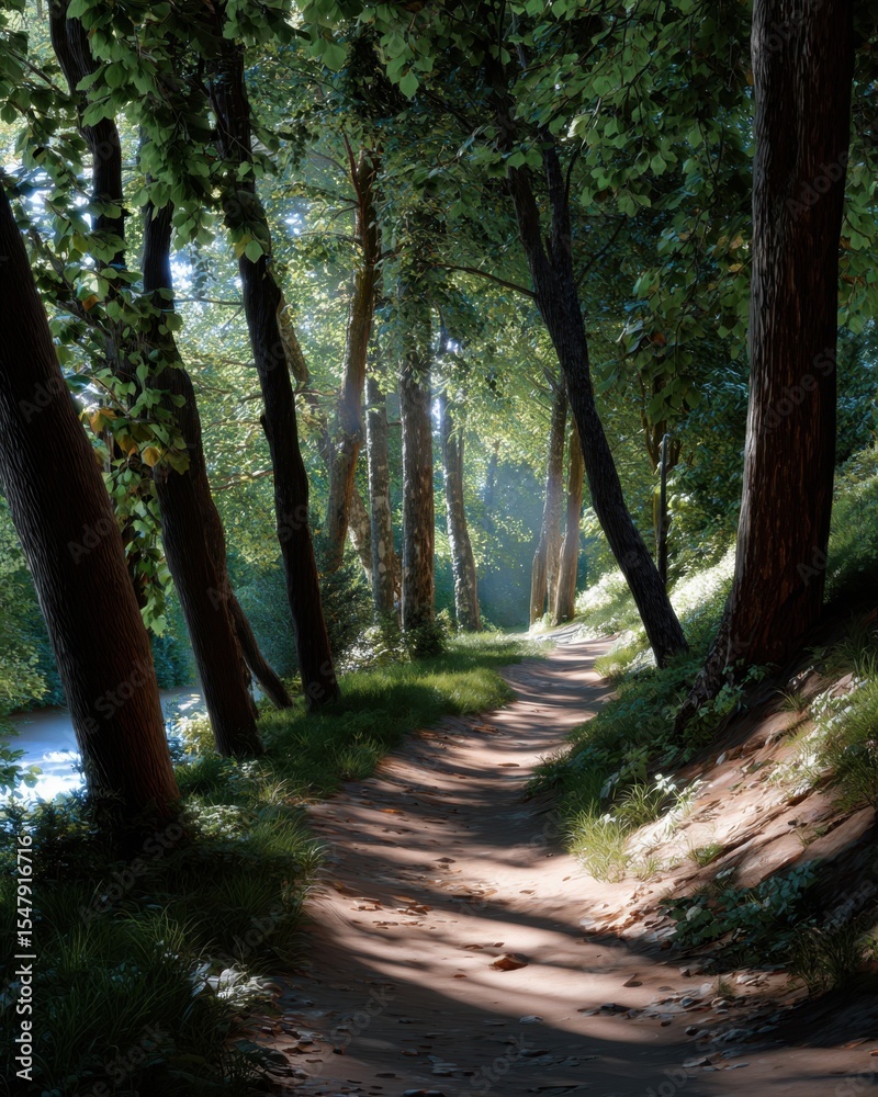 Fototapeta premium Peaceful trail in forest, gentle light and shadows