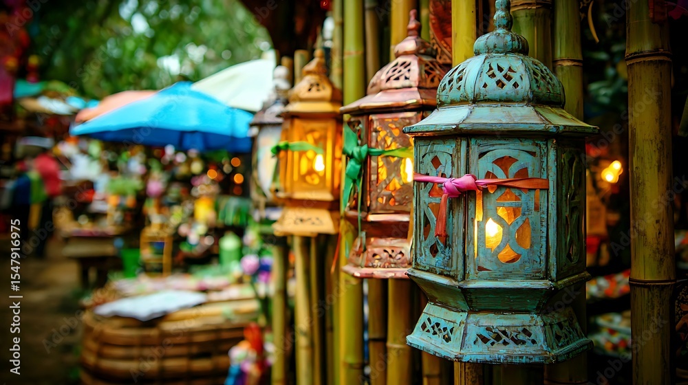 Fototapeta premium Rows of bamboo poles standing upright with colorful lanterns tied ready for festival decoration in an open courtyard