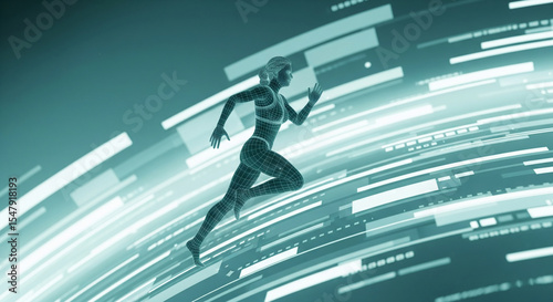Wireframe female runner in motion against teal tech background, symbolizing digital fitness, speed, and technology integration in sports