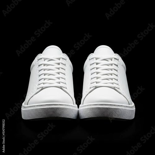  Front view of a pair of white sneakers mockup, symmetrical alignment, isolated on white.