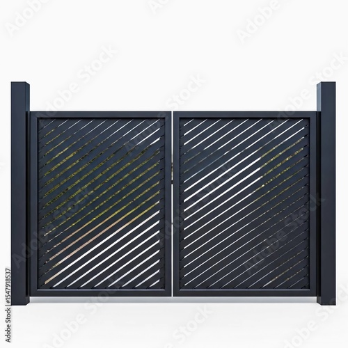  Flat steel gate with diagonal slats, modern Scandinavian design, front view on white.