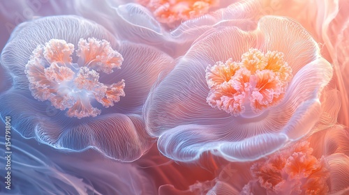 Close-up of translucent, soft coral polyps with delicate, flower-like structures glowing in pastel shades of pink, orange, and blue underwater.