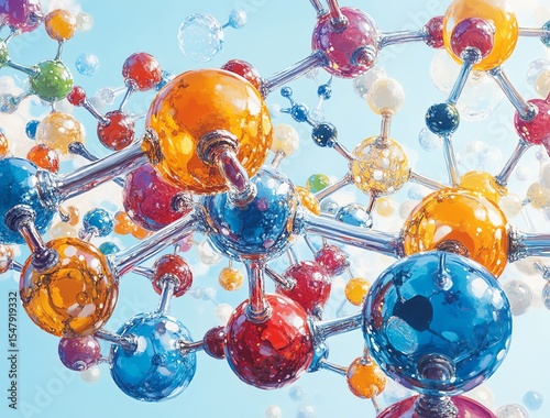 Colorful 3D molecular structure model with interconnected atoms represented by shiny spheres linked by rods against a light blue background.