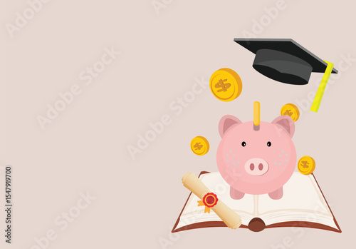 Saving for education.Education savings strategy. Piggy bank, graduation cap.College fund investment