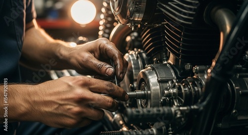 Mechanic working on motorcycle engine with tools in repair shop  